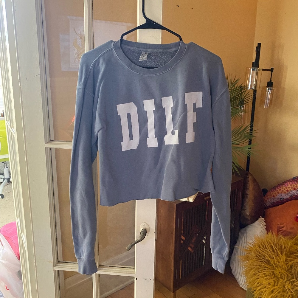 CALL HER DADDY DILF CREW NECK CROPPED LIGHT BLUE PULLOVER SWEATER